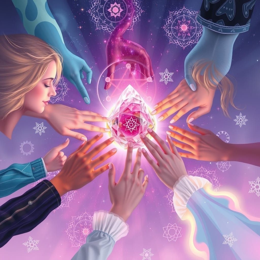 Beings of Harmony Surround Glowing Crystal in Celestial Land...