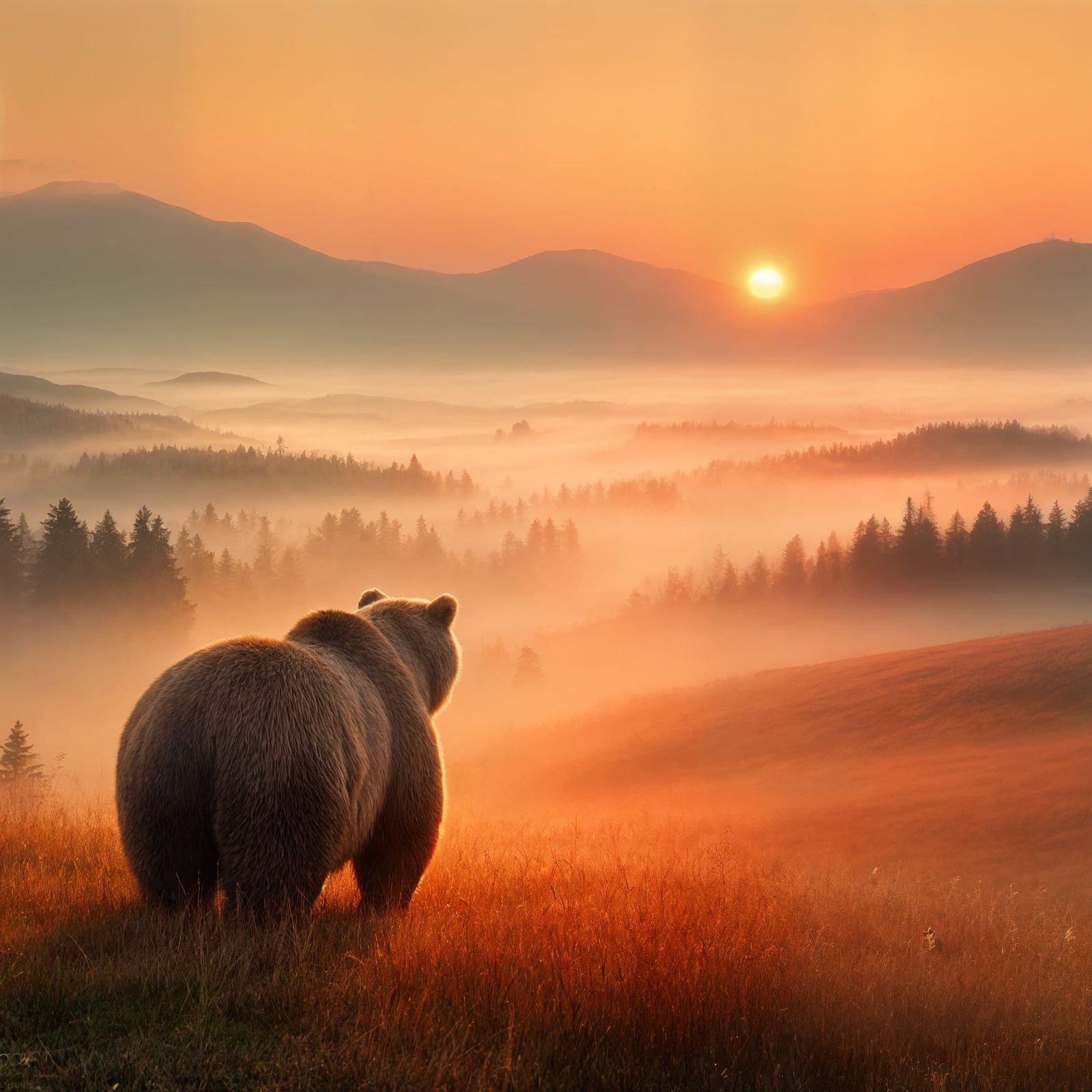 Bear Contemplating Serene Meadow in Soft Morning Light
