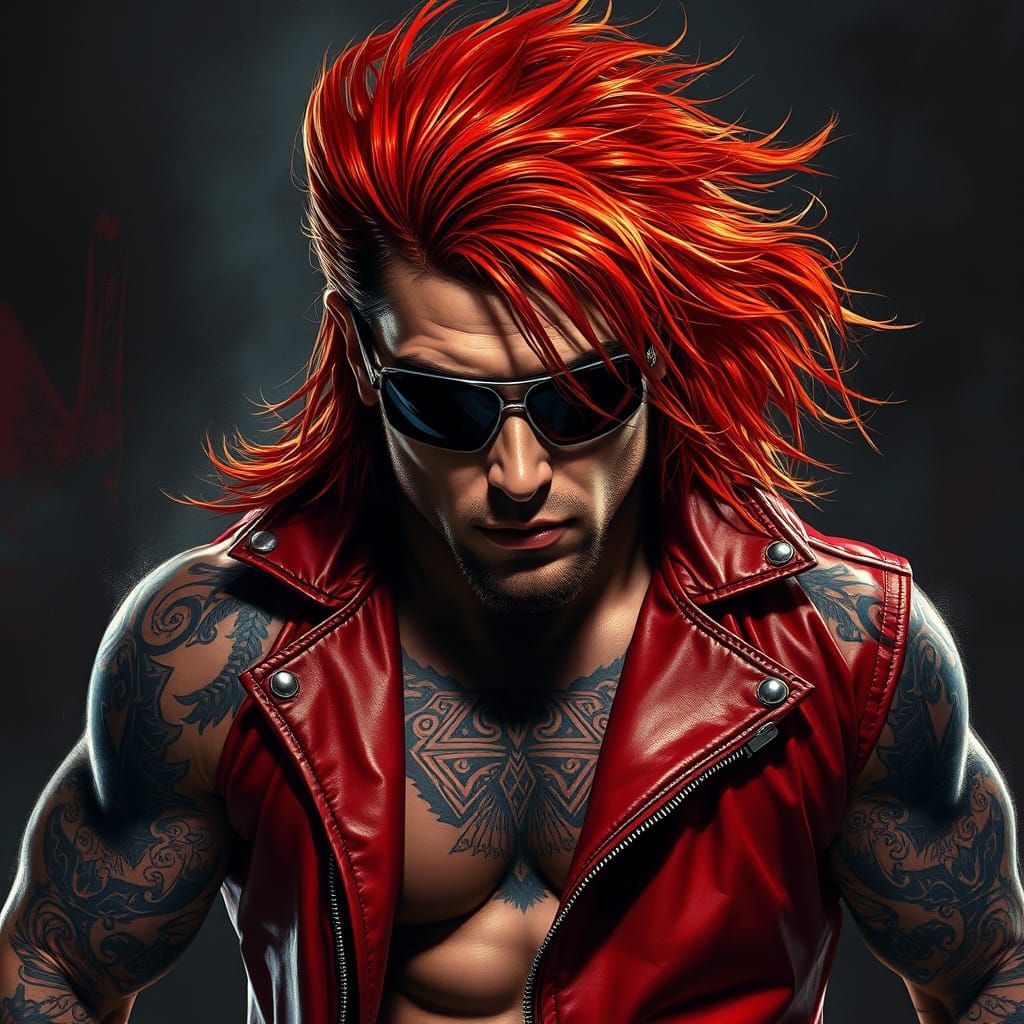 Muscled Wrestler in Dark Red Leather, Intimidating with Wild...