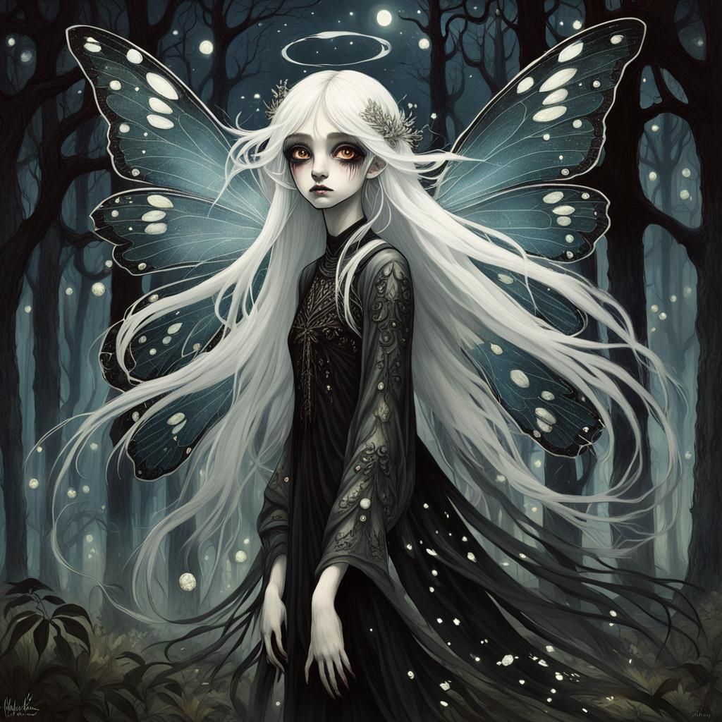 Sinister Fairy in Dark Forest: Alphonse Mucha Style