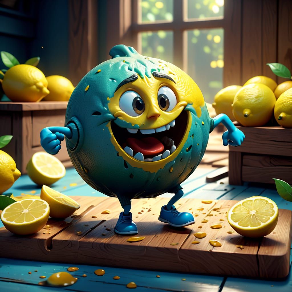 Surreal Lemon Character Runs from Sliced Fruit in Whimsical ...