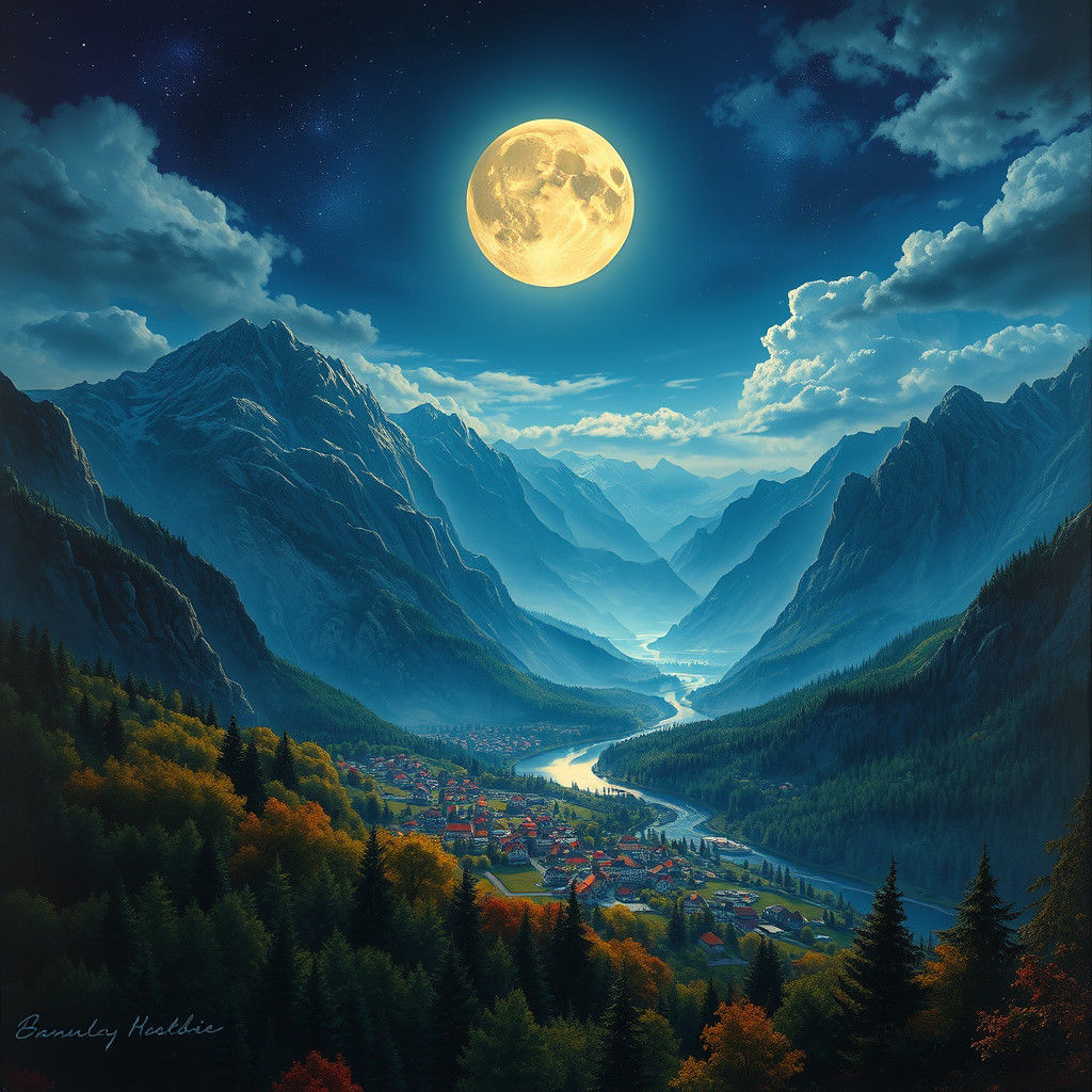 Night Landscape with Mountains and Moon