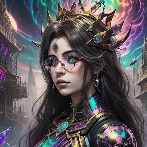 Cybernetic Witch with Harlequin Crown and Fractal Dreamscape