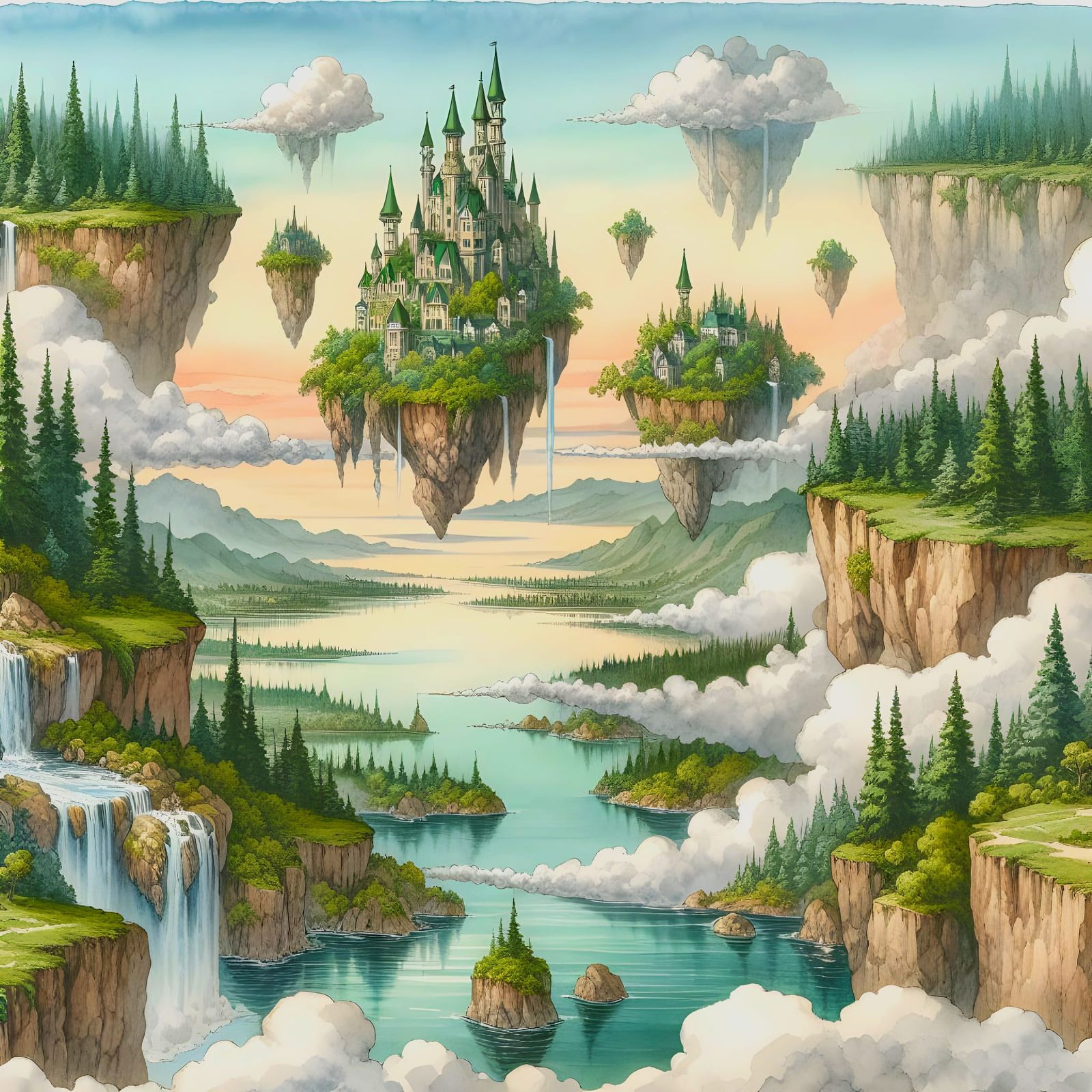 Magical Floating Islands with Waterfalls in Watercolor