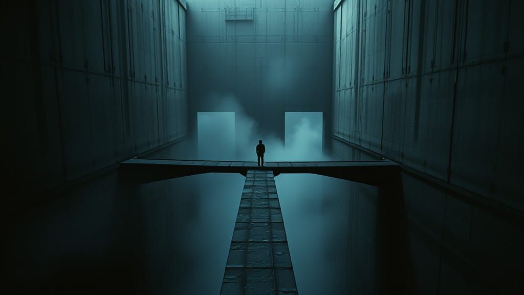 Tense Atmosphere in Brutalist Concrete Sci-Fi Building