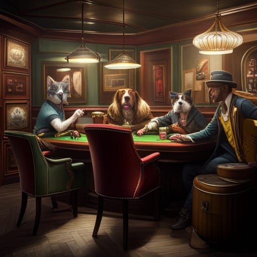 Dogs and Cats Playing Poker: Detailed Matte Painting