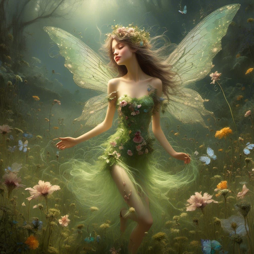 Happy Faerie Dancing in Wildflower Meadow