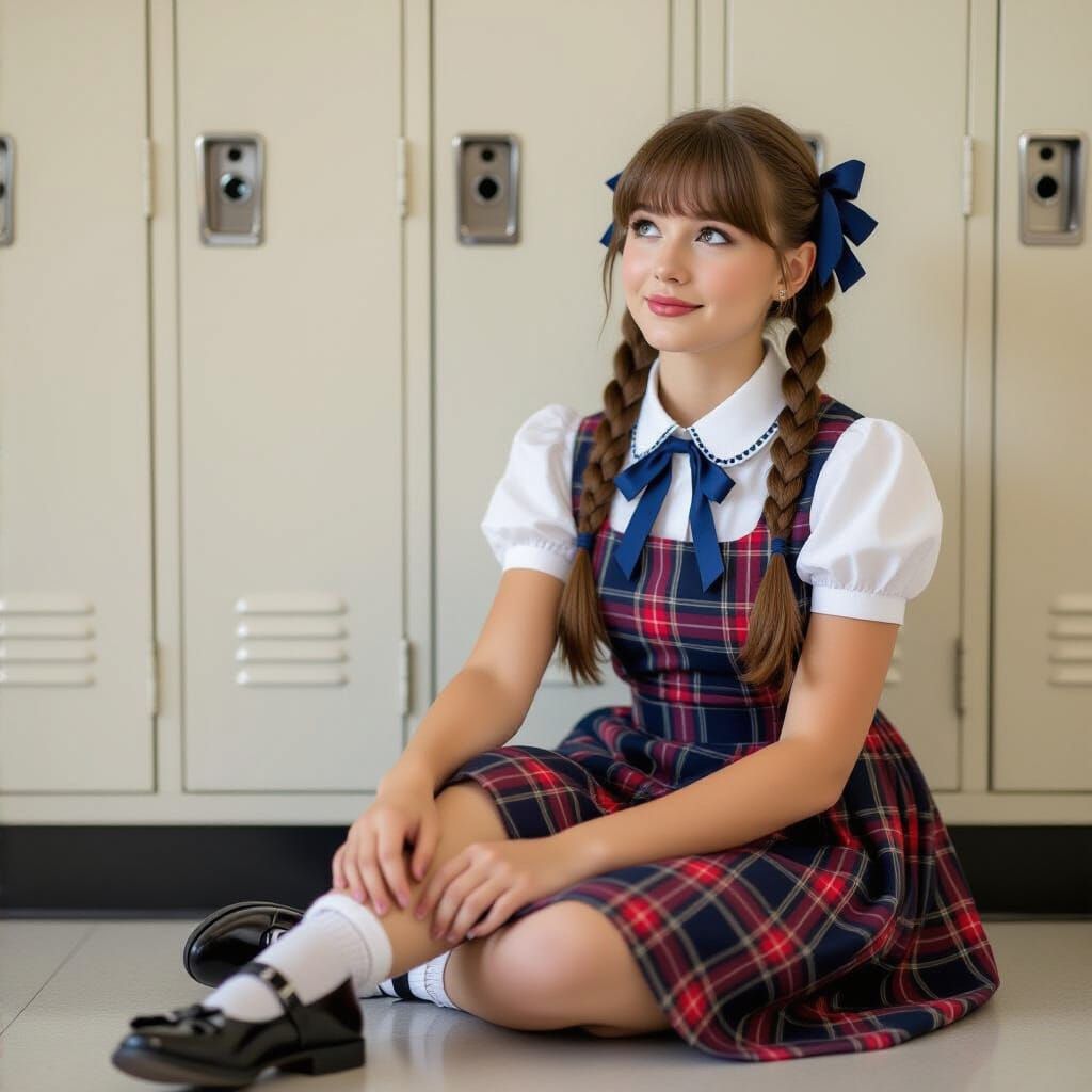 French Student Posing in Tartan Dress Near Lockers