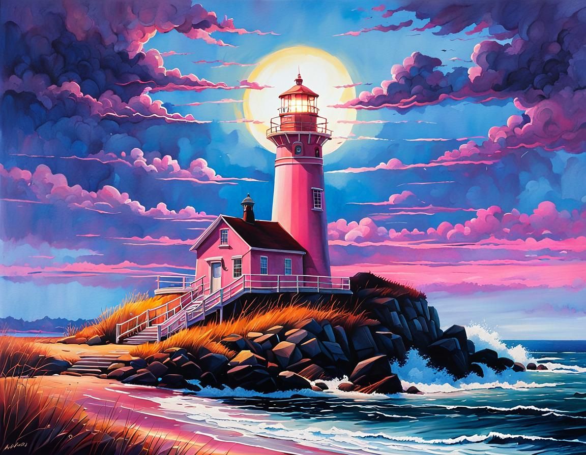 Pink Lighthouse Sunset: Abstract Watercolor Painting