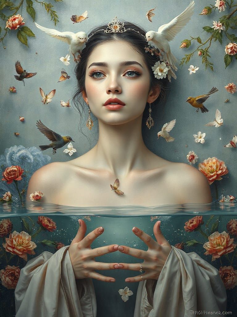 Ethereal Woman Submerged in Nature: Hirano Style