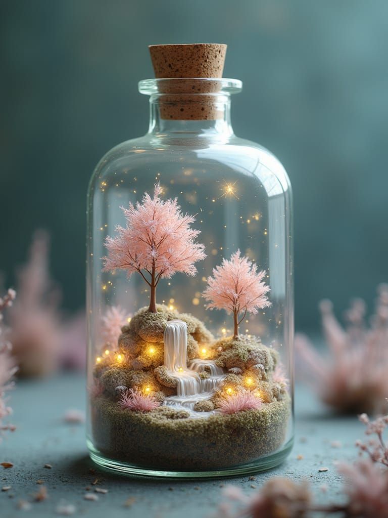 Whimsical Fantasy Realm in a Glass Bottle