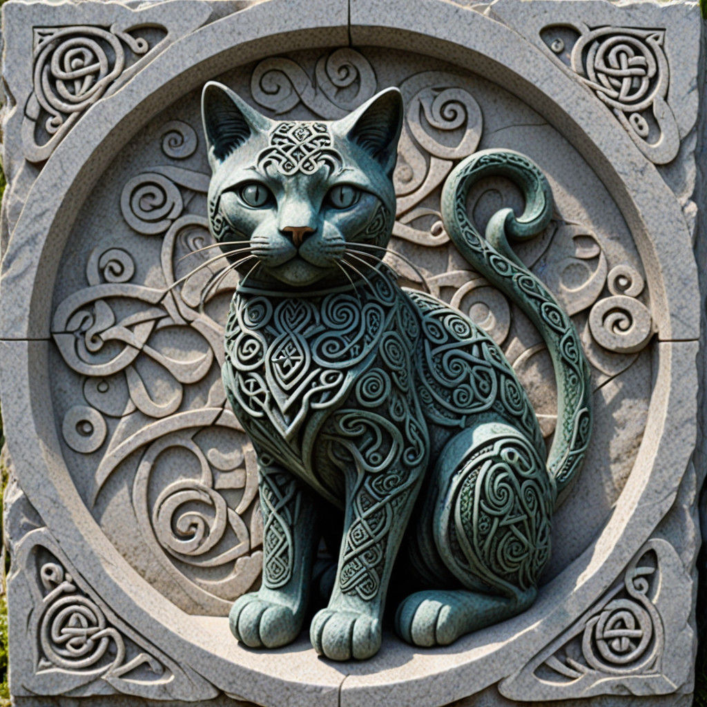 Celtic knot cat carving in granite