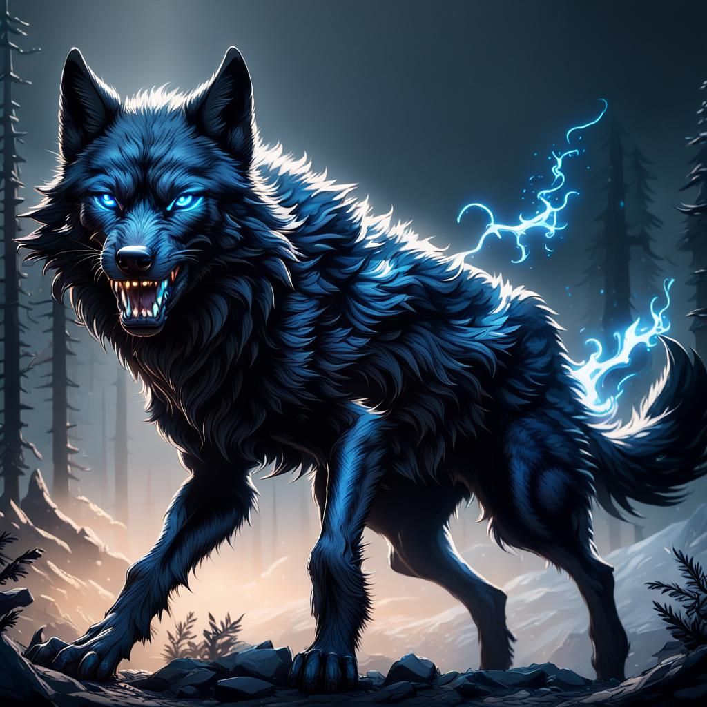 Snarling Black Wolf with Blue Eyes, Digital Art