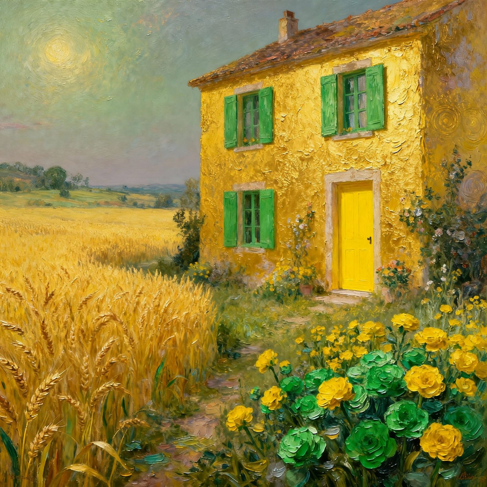 Surreal Golden House with Expressive Brushstrokes