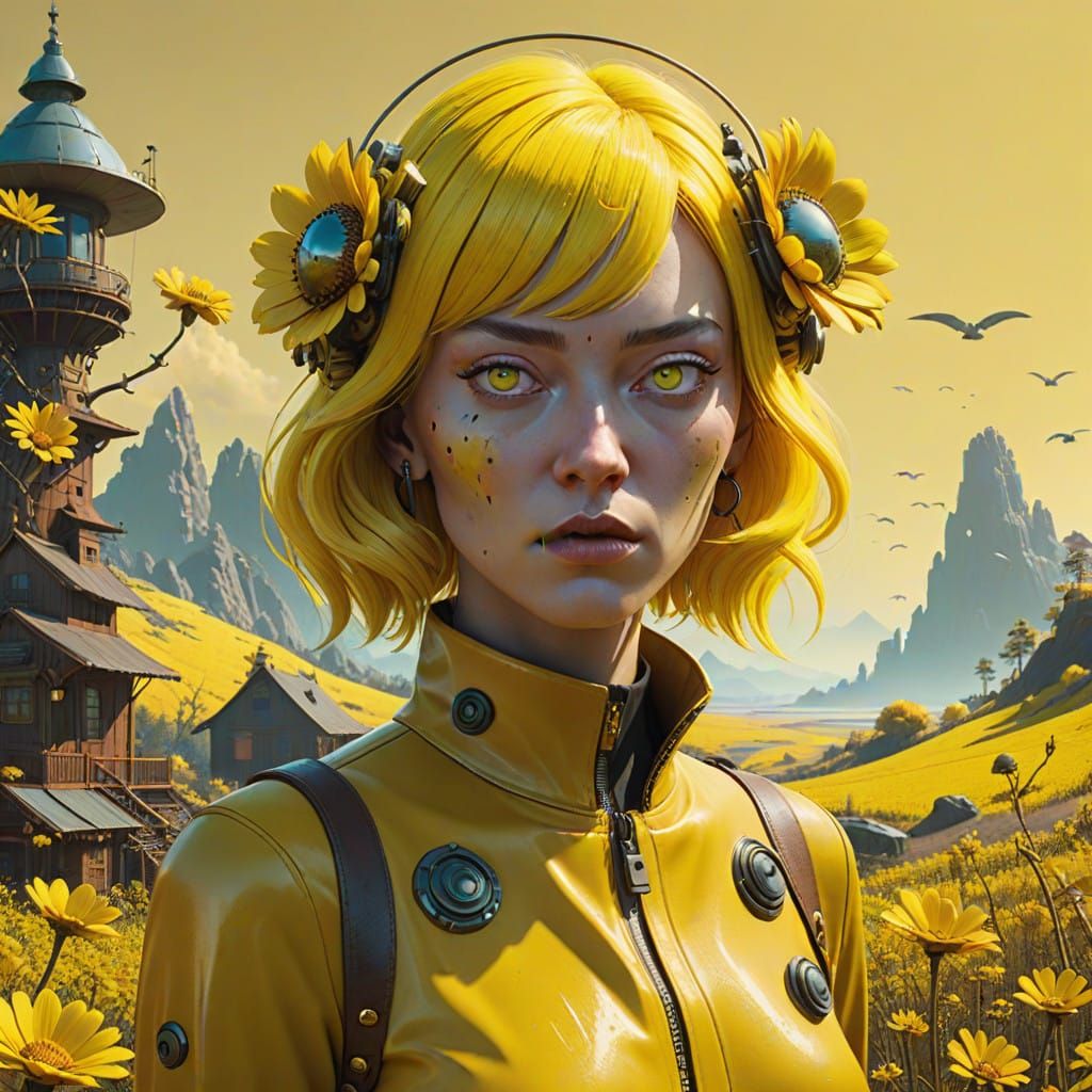 Vibrant Yellow Surrealism: A Dreamlike Scene