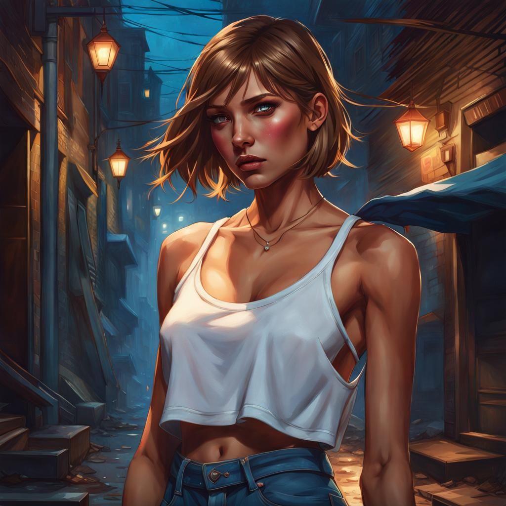 Crying Girl in Alley: Hyperdetailed Digital Portrait