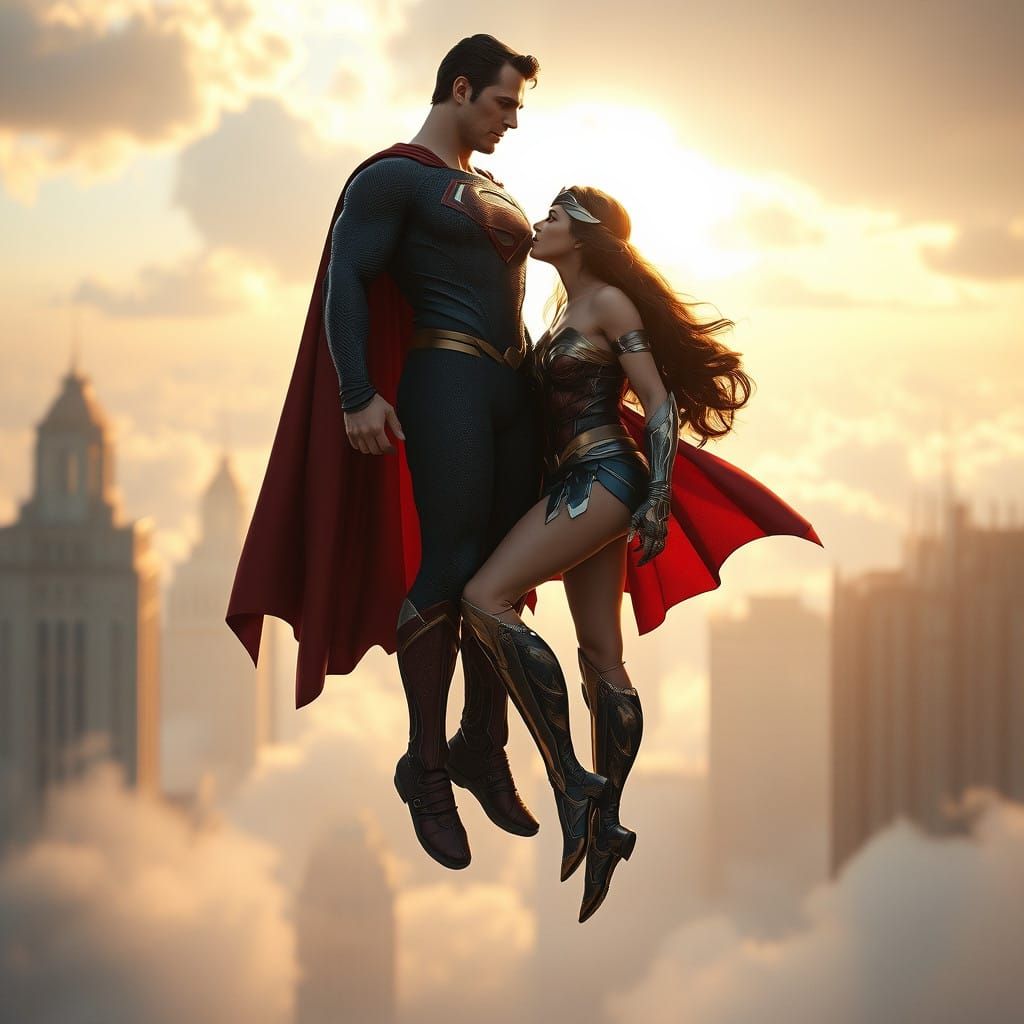 Ethereal Superman and Wonderwoman in Tender Affection