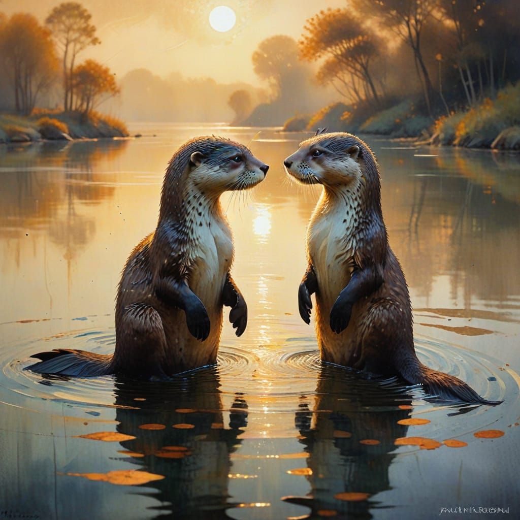 Beautiful dreamy watercolour illustration of a lake shimmering and two otters playing together.