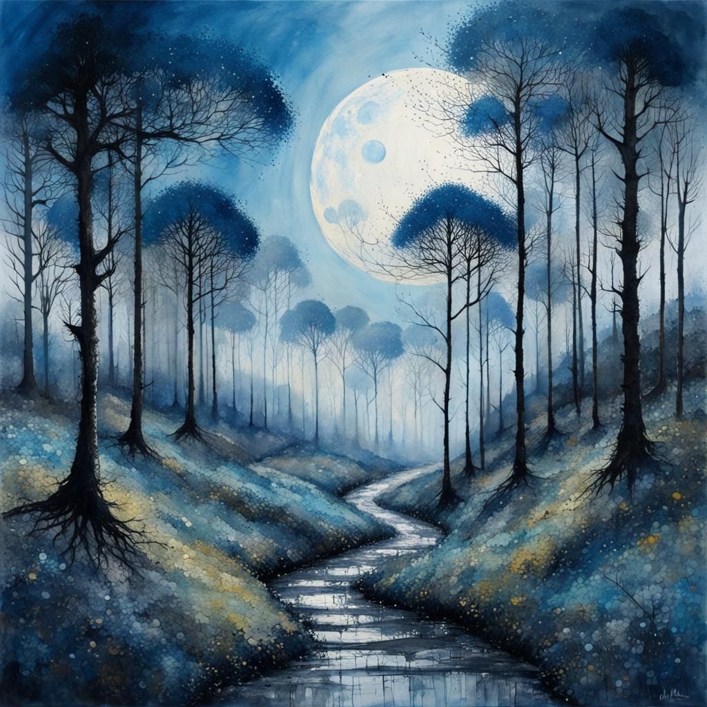 Blue Forest Moonscape in Art Brut Style