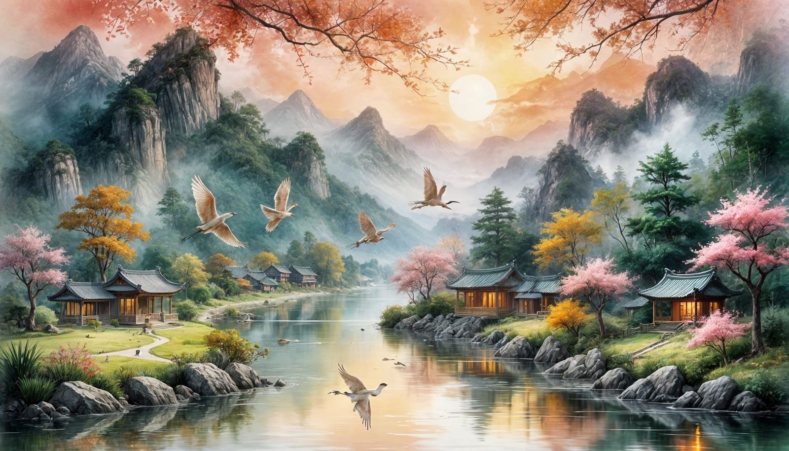Asian Landscape with Crane in Watercolor Style