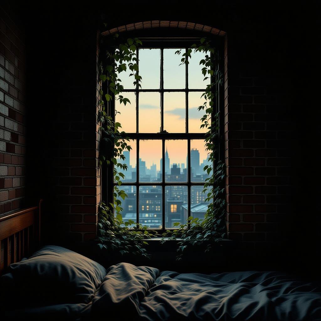 Claustrophobic Bedroom Window View in Film Noir Style
