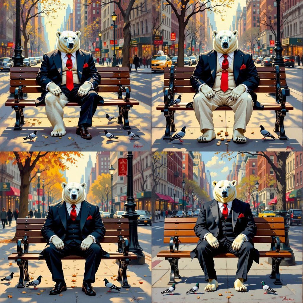 Polar Bear in Suit on NYC Bench, Oil Painting Style