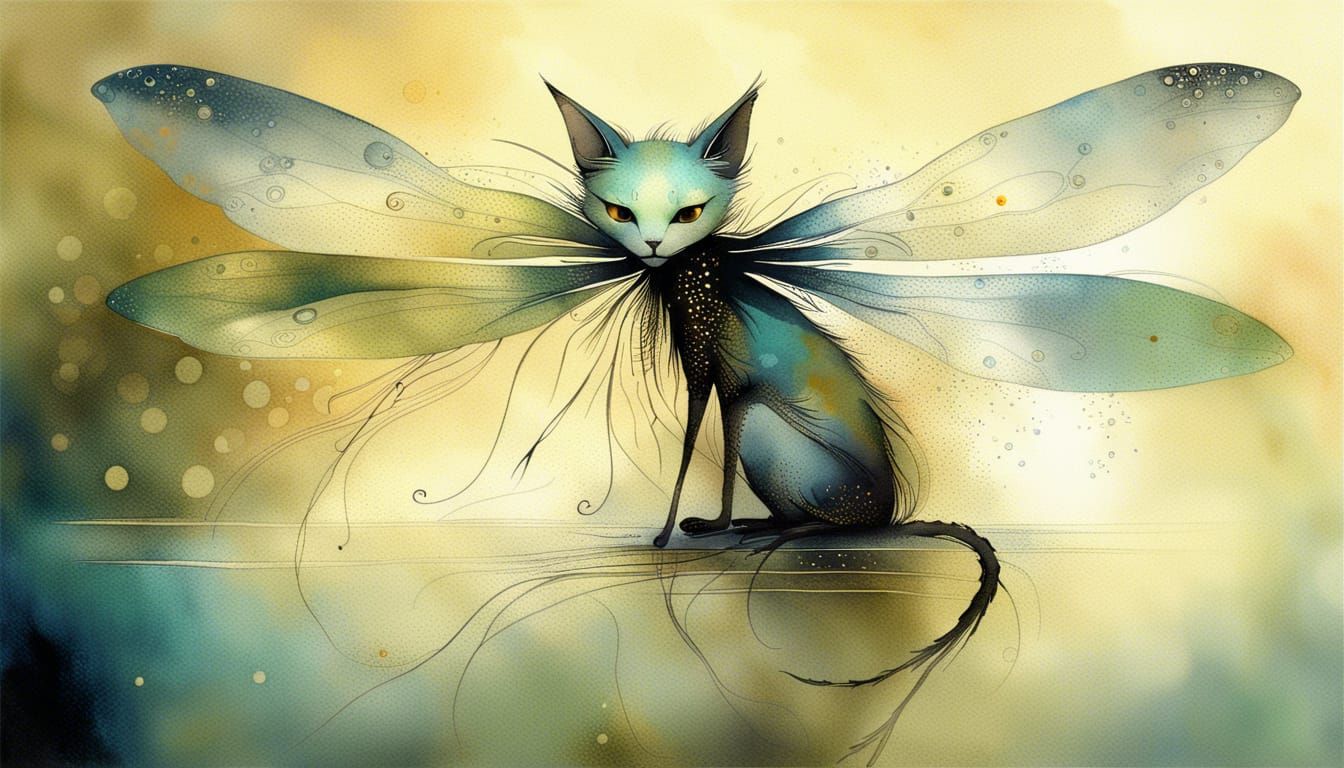 Metallic Dragonfly Cat in Watercolor Style