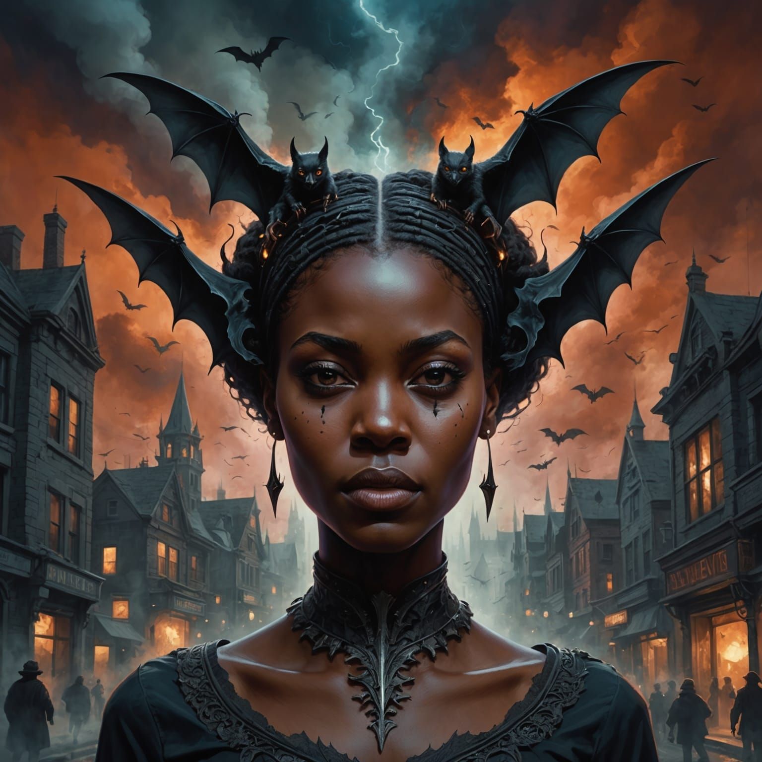 Surreal Ebony Woman with Bats, Dark Fantasy Art