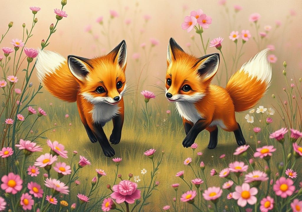 Fox Kits Frolic in Wildflower Meadow, Storybook Illustration