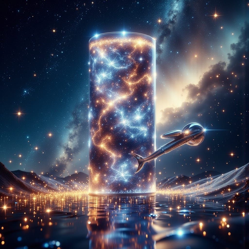 Ethereal Cosmos in Glass Cylinder: Sci-Fi Galaxy