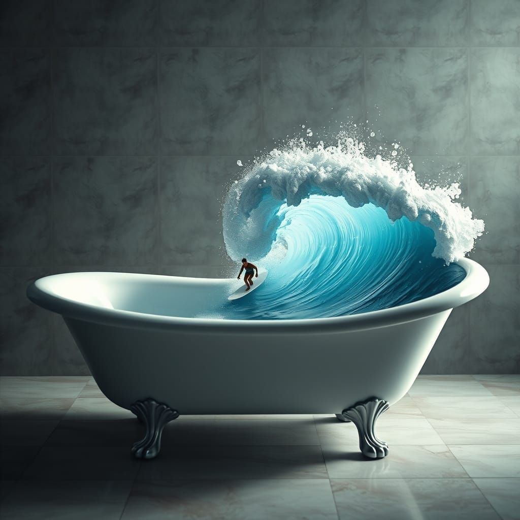 Surfer Riding Giant Wave in Clawfoot Tub