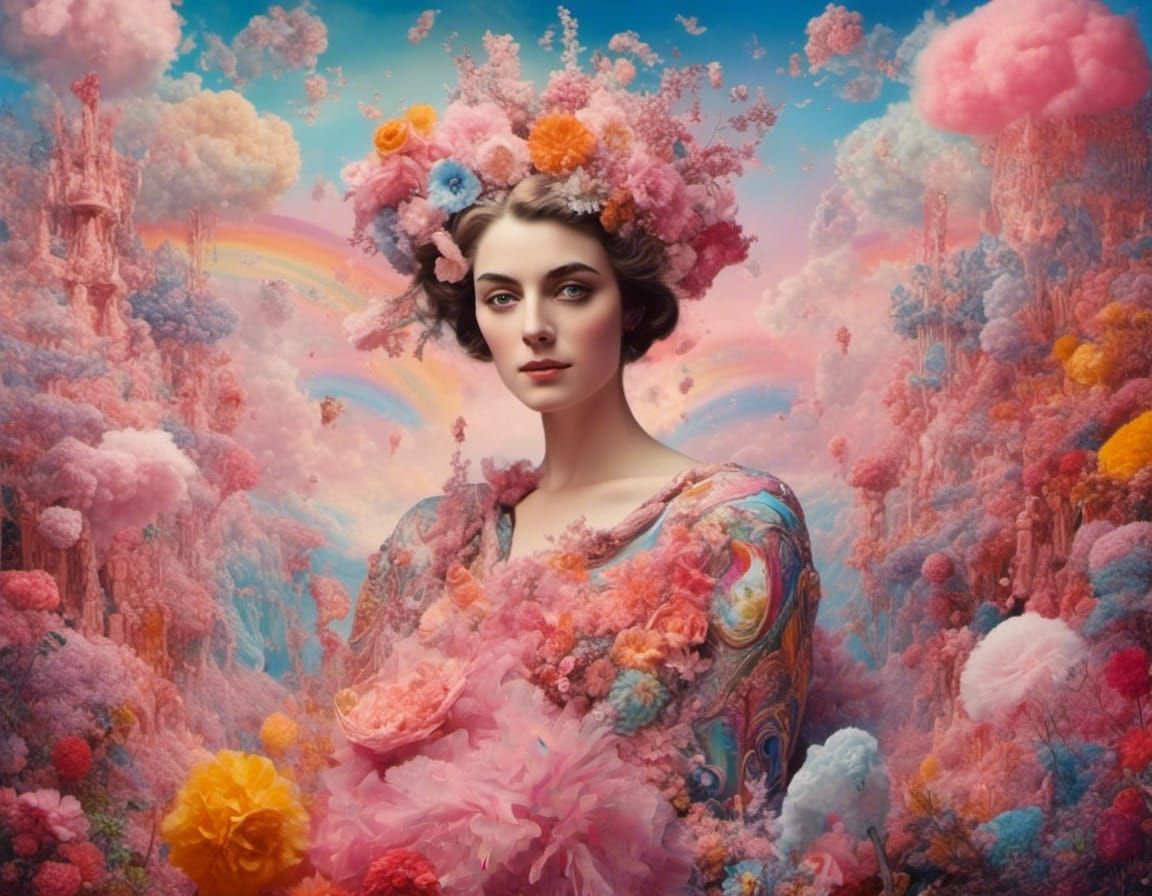 Modern Goddess in Spring Flowers, Rainbow Colors