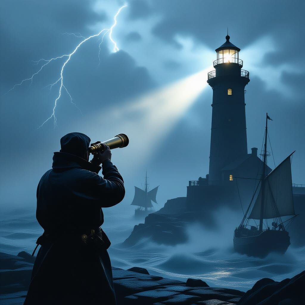 Lighthouse Keeper in Noir Twilight