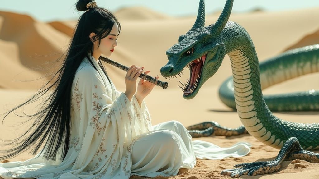 Majestic White Snake Plays Bamboo Flute in Haunting Desert S...