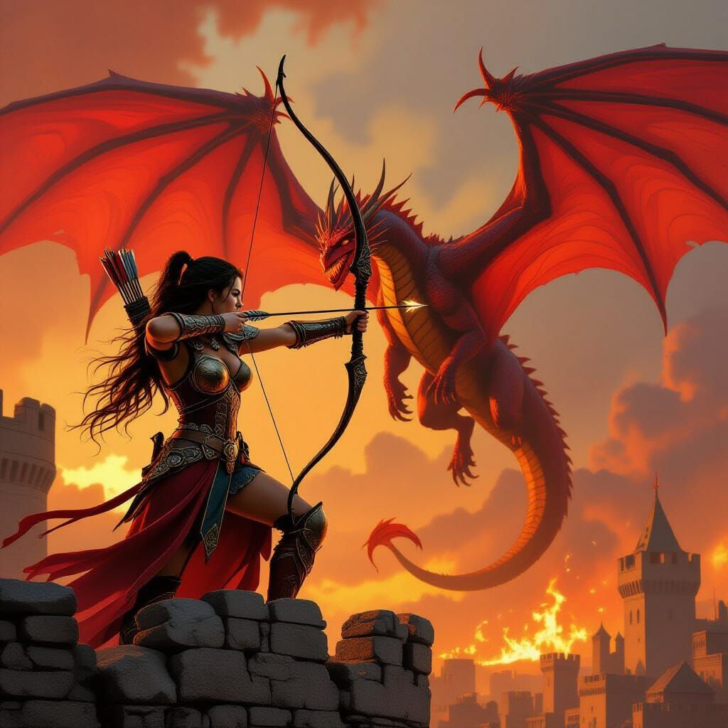 Archer Versus Dragon in Apocalyptic Landscape