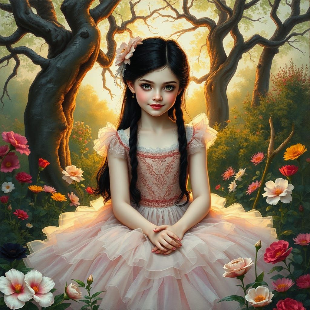 Victorian Vampire Girl in Garden, Gouache and Watercolor