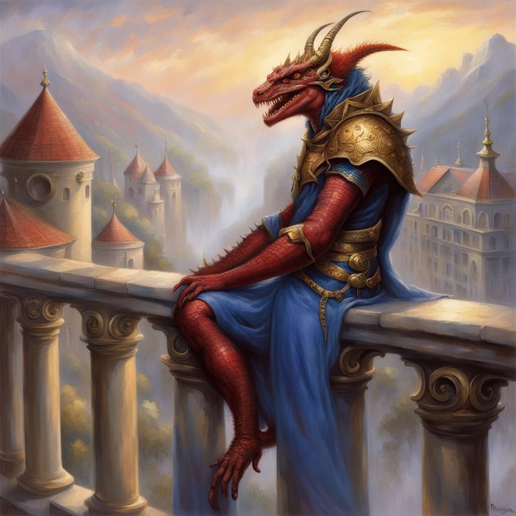 Regal Lizardman Overlooking Kingdom in Fantasy Style