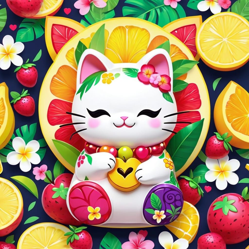 Whimsical Fruit Goddess Cat in Vibrant Tropical Style