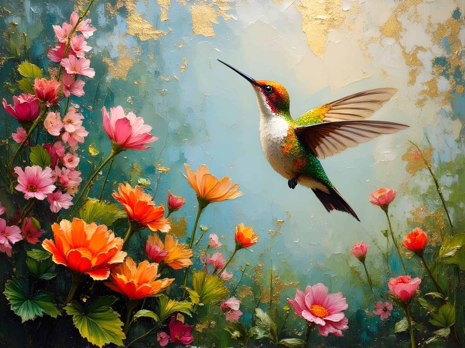 Hummingbird in Flight as Impasto Oil Painting