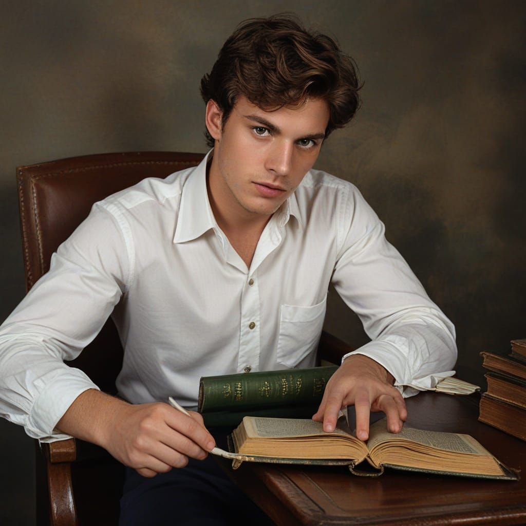 Majestic Young Man Holds Antique Leather-Bound Book in Golde...