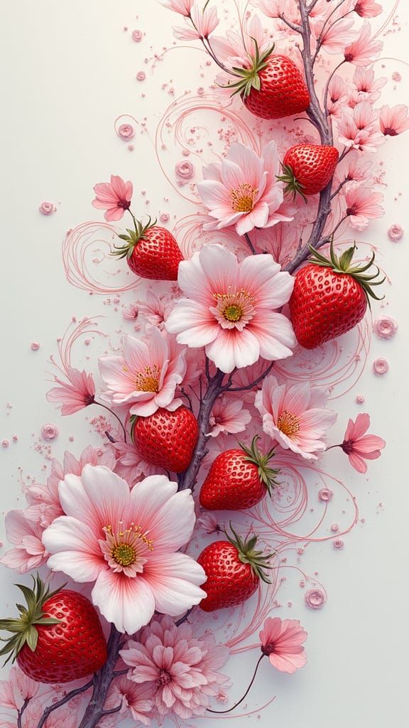 Ink Illustration of Swirling Winds and Strawberry Blossoms