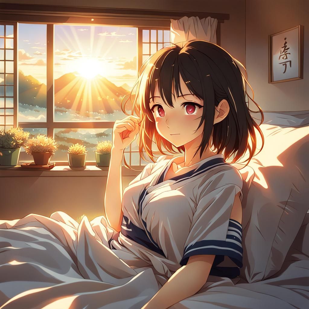 Anime Girl Waking Up in Japan Sunrise