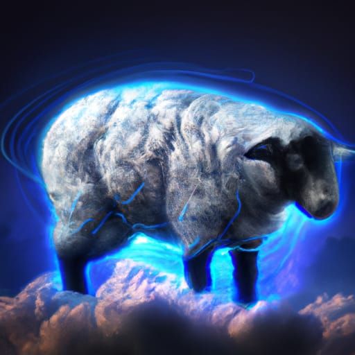 Neon Electronic Sheep Soaring Through Dark Sky