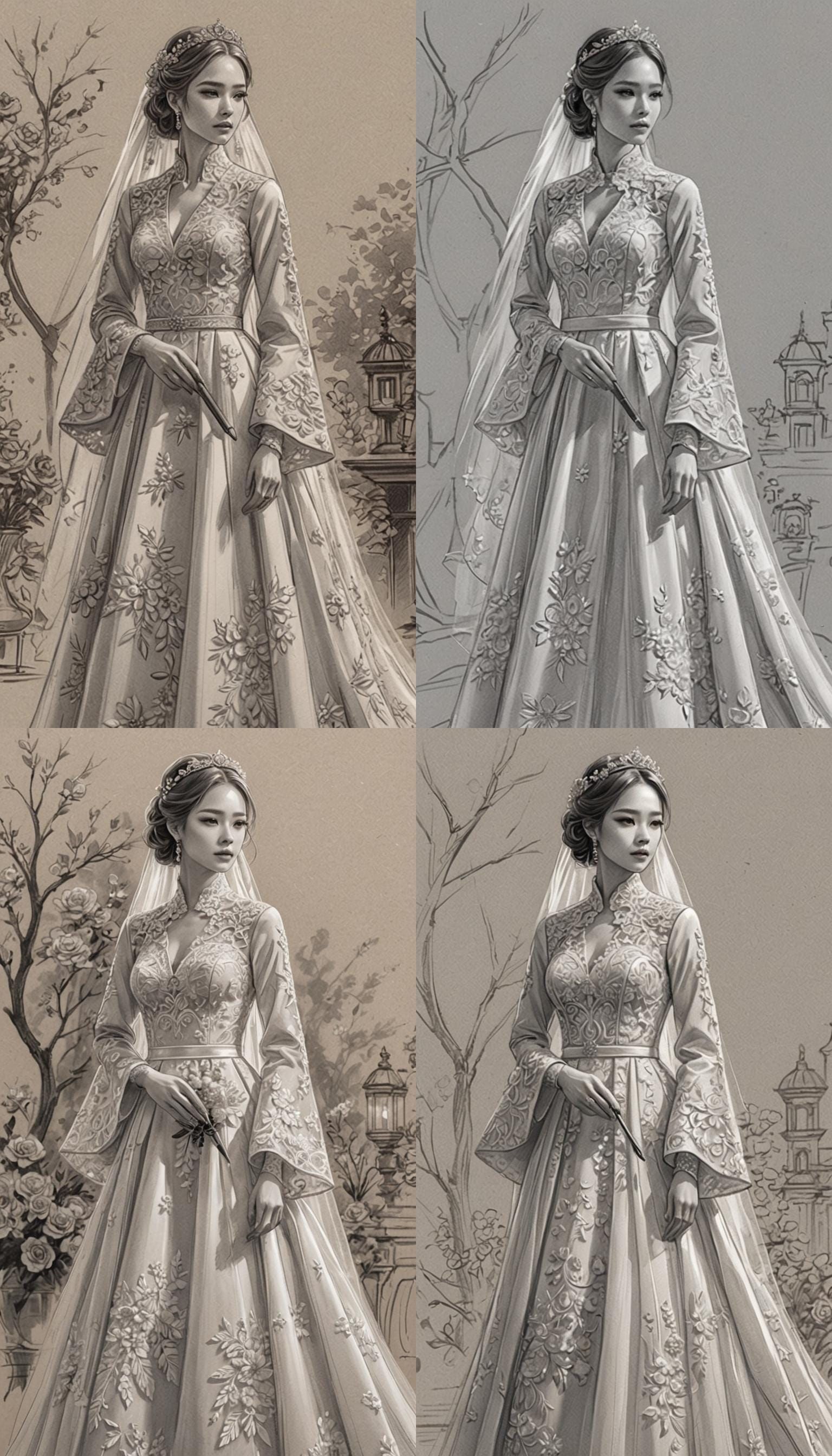 Elegant Pencil Sketch of Wedding Dress in Anime Style