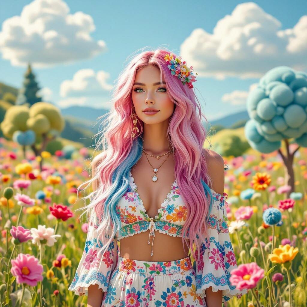 Woman in Felt Meadow with Handmade Textile Appearance