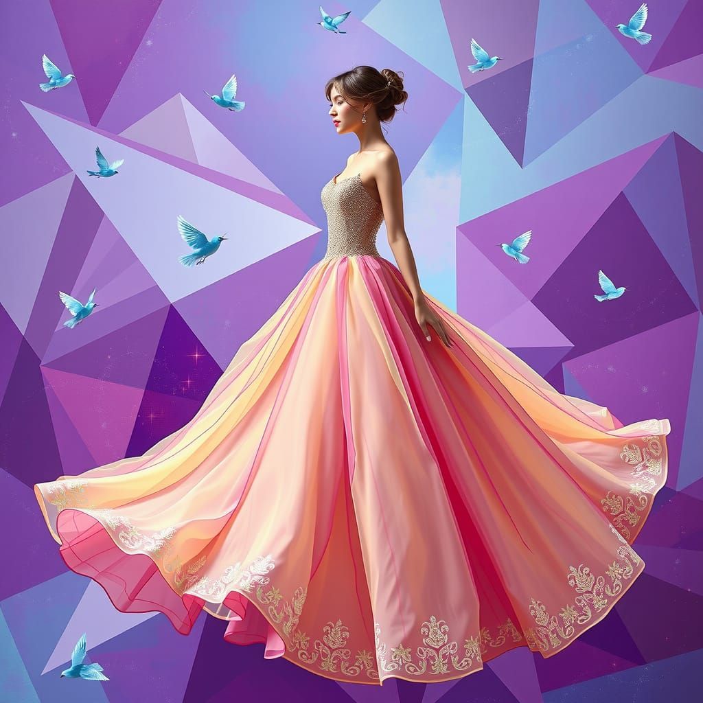 Ethereal Lady in Abstract Geometric Dreamscape