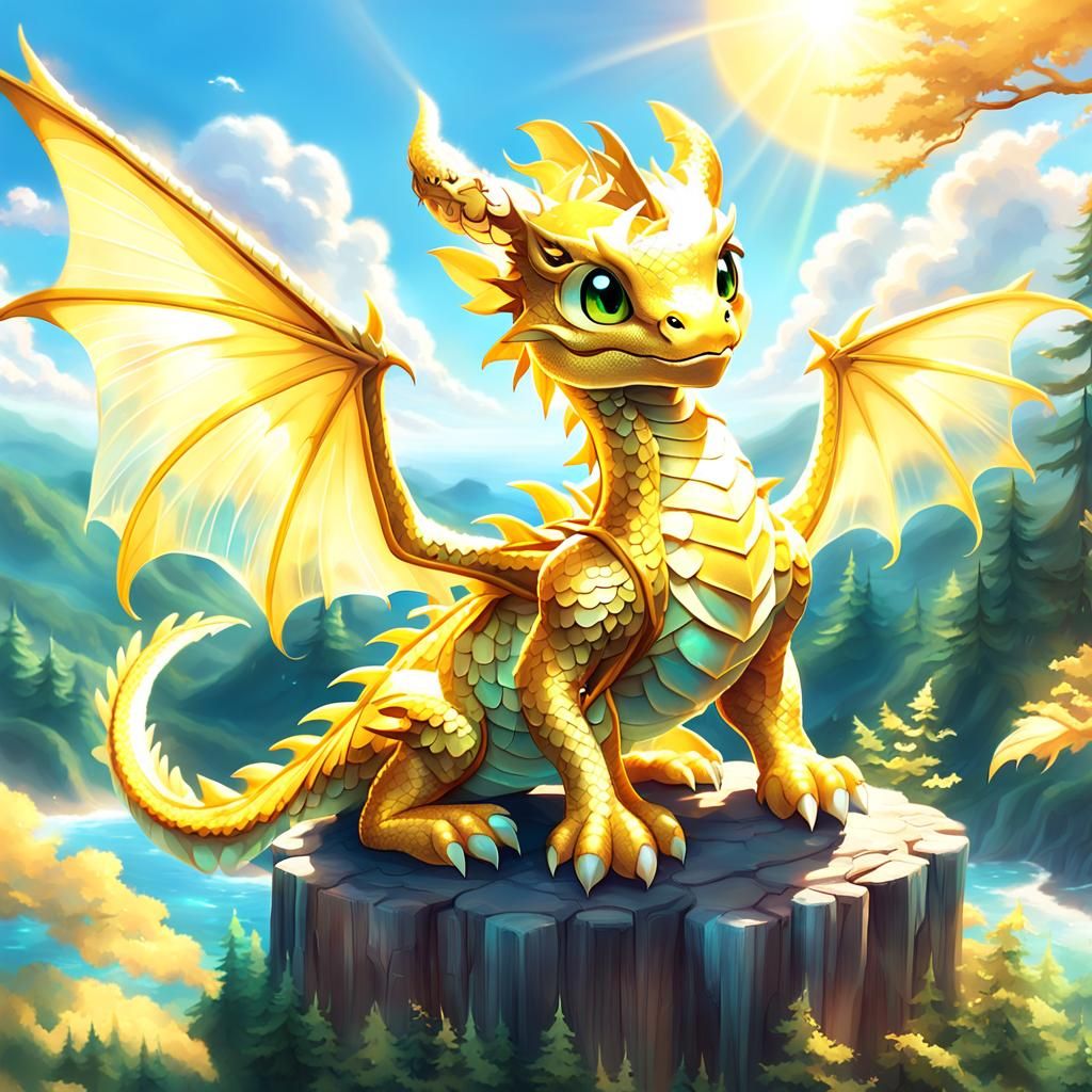 Golden Dragon Cub in Sunlit Landscape