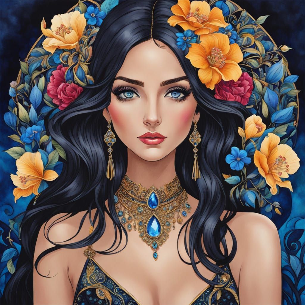 Ethereal Art Nouveau Goddess with Dark Hair and Crystal Blue...