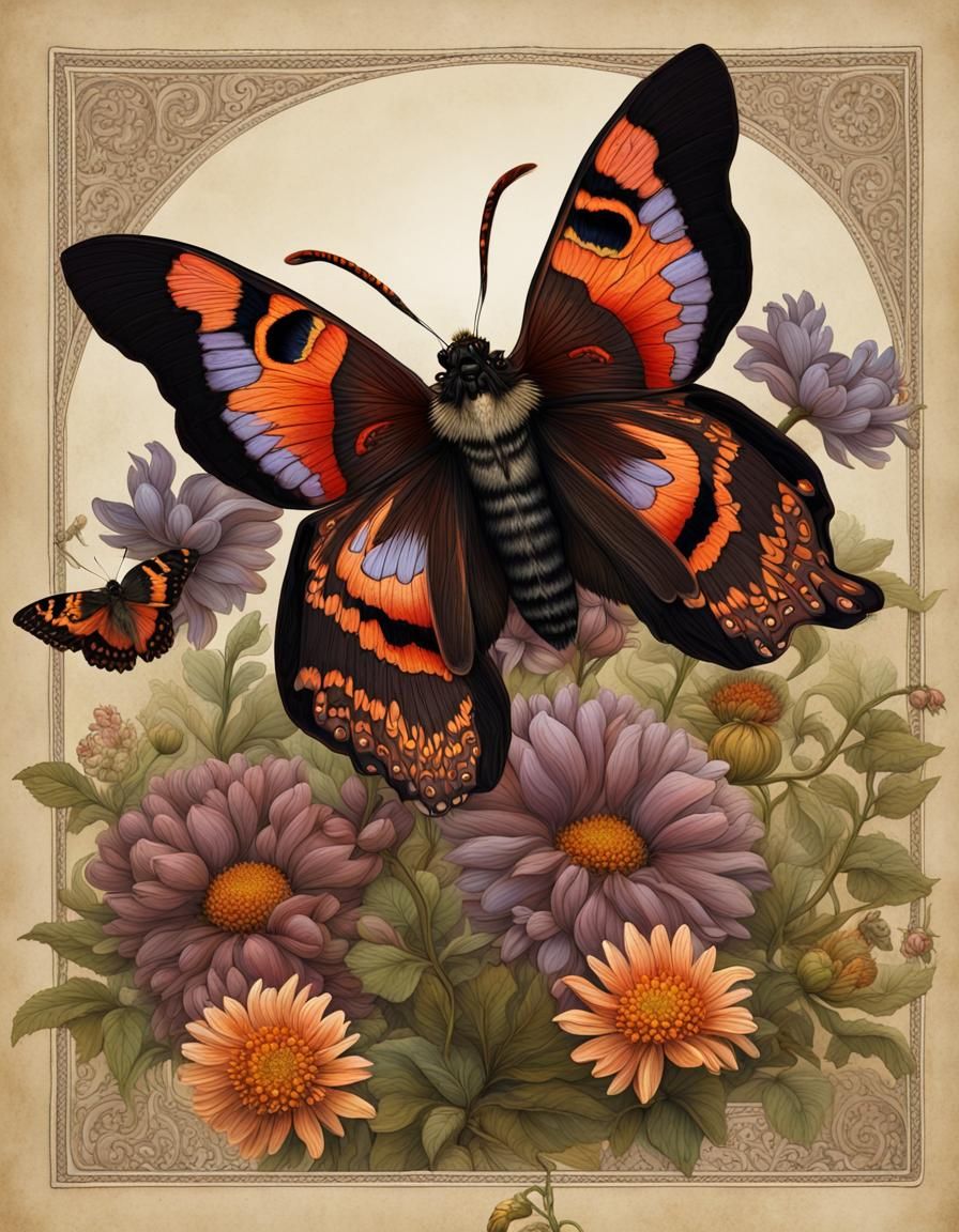 Dark Academia Moth with Flowers