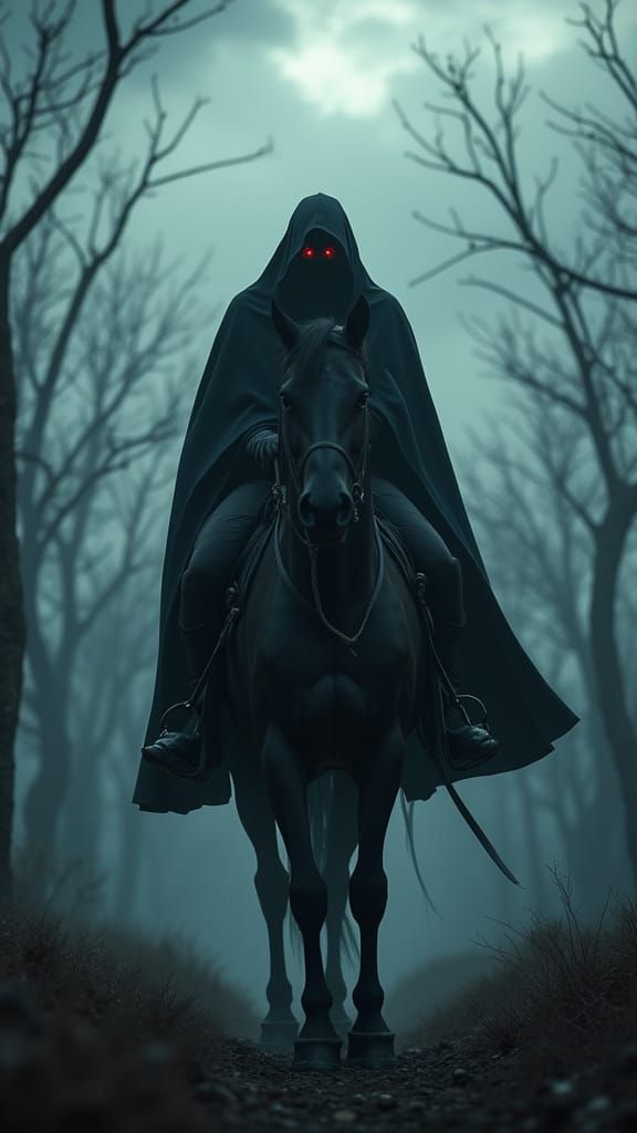 Cloaked Rider on Black Horse in Stormy Cinematic Masterpiece